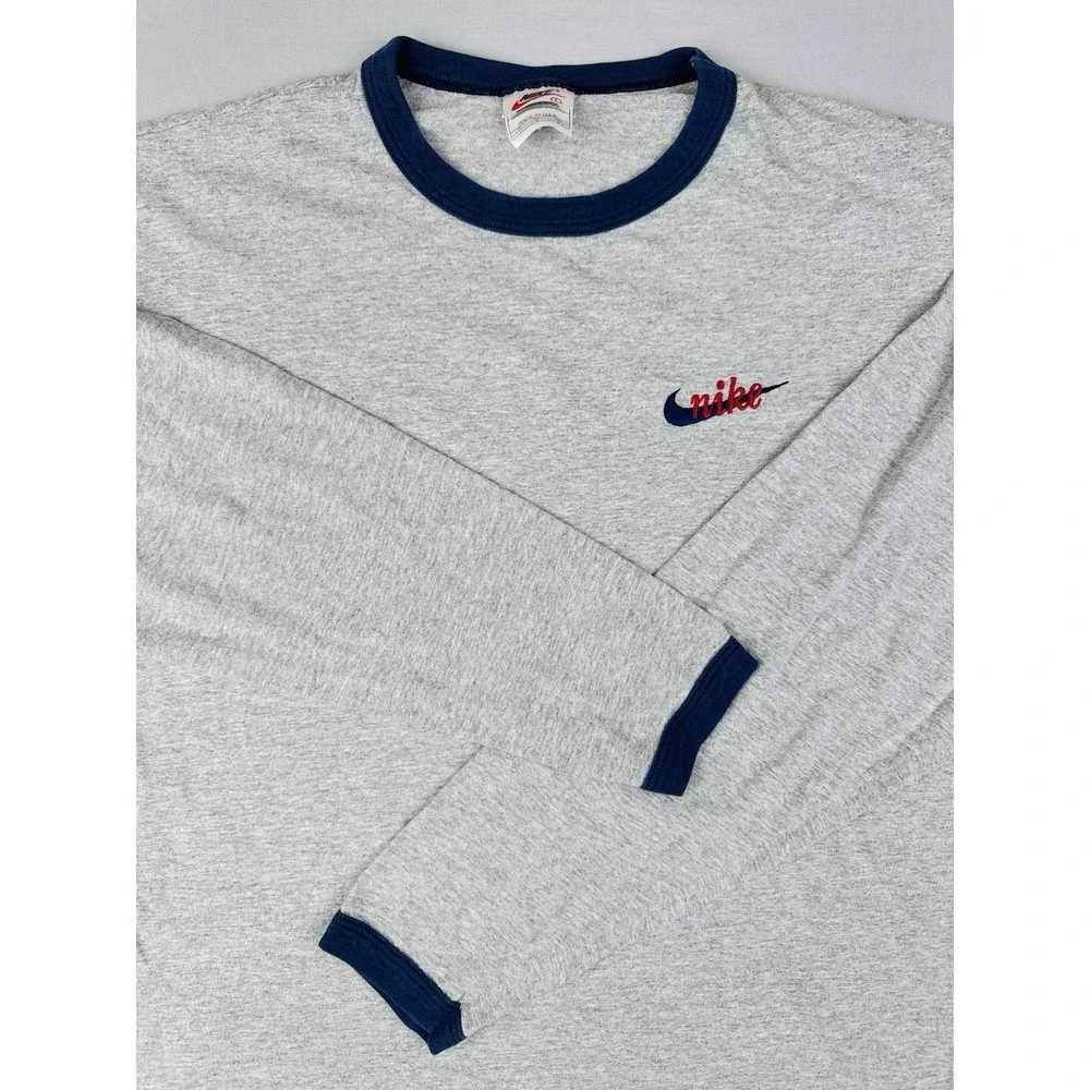 Vintage 90s Nike Embroidered Script Logo Long Sleeve Ringer T Shirt USA Made L